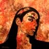 Art piece with Mediterranean coloured background and image of a woman.