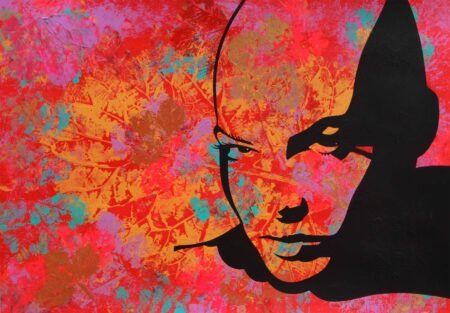 Art piece with warm red background, lilac, turquoise leaves and image of an bald woman.