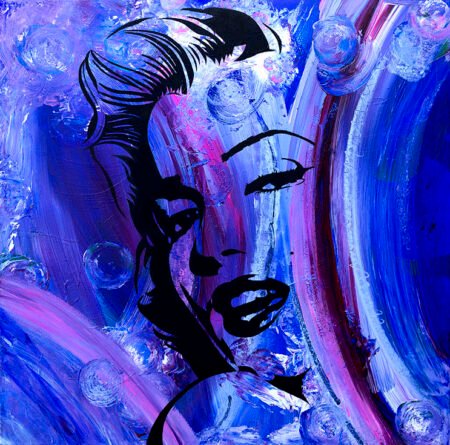 Art piece with purple blue background and image of Marilyn Monroe.