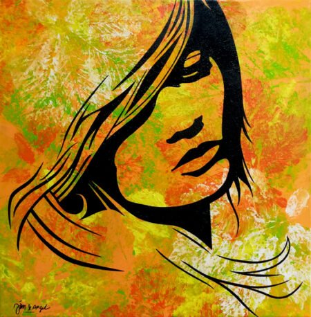 Art piece with yellow background, orange leaves and transparant image of a woman.