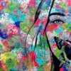 Art piece with a colourful background, and transparant image of a woman with a butterfly on her mouth.