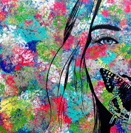 Art piece with a colourful background, and transparant image of a woman with a butterfly on her mouth.