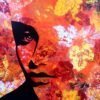 Art piece with orange background, white & yellow leaves and part of a woman's face.