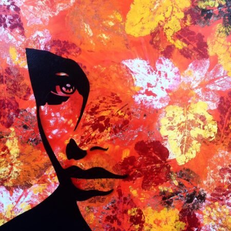 Art piece with orange background, white & yellow leaves and part of a woman's face.