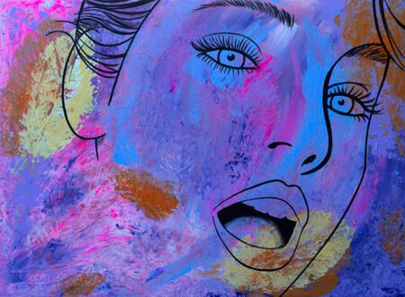 Art piece with a pinkish background, and transparant image of a woman.