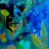 Art piece with green blue background, transparant image of a native.