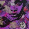 Art piece with purple background, black, silver & fluor pink leaves and image of an afro-american woman.