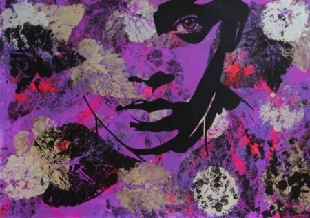 Art piece with purple background, black, silver & fluor pink leaves and image of an afro-american woman.