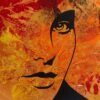 Art piece with orange golden red background, maroon leaves and part of a womans face.