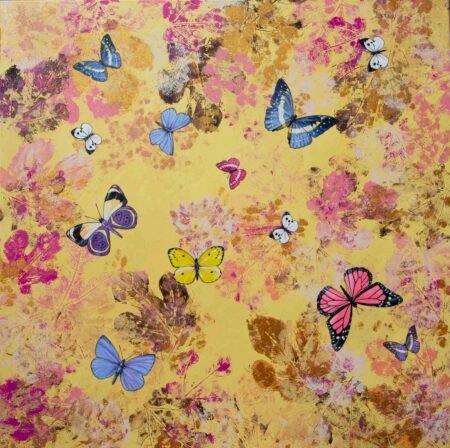 Art piece with pastel yollow background, pink and golden leaves and various butterflies.