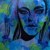 Art piece with blue background, green, white & dark blue leaves and face of a woman.