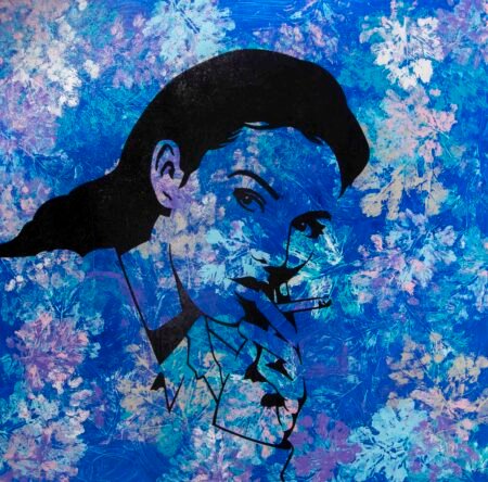 Art piece with blue background, white & silver leaves and image of a woman with cigarette.