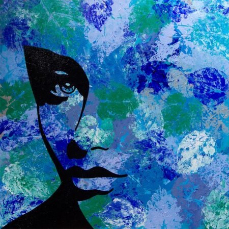 Art piece with blue background, white and green leafs and part of a woman's face.