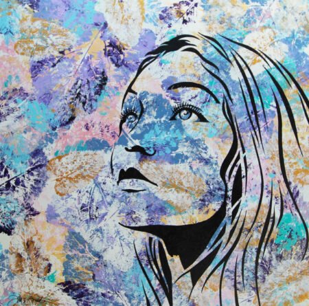 Art piece with blue & golden leaves and transparant image of a woman.