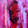 Art piece with red background and image of Marilyn Monroe.