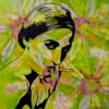 Art piece with green colours and image of woman with cigarette.