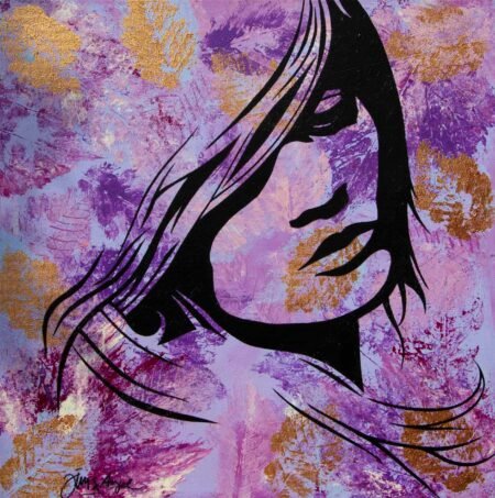 Art piece with purple background, golden leaves and image of a woman.