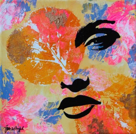 Art piece with pink, orange background, orange leaves and transparant image of a woman.