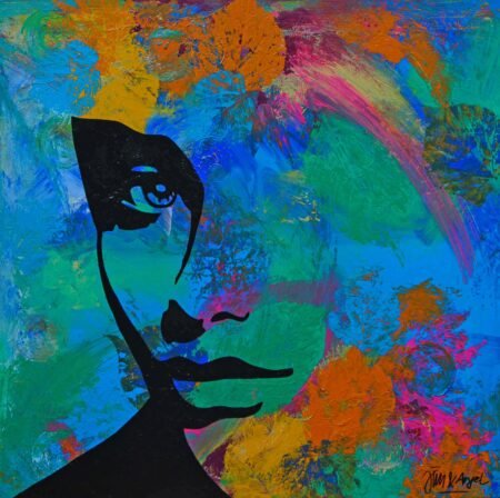 Art piece with blue background, yellow, orange & green paint strokes and part of a woman's face.