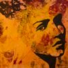 Art piece with orange golden red background, maroon leaves and part of a womans face.