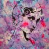 Art piece with blue, pink background, white, silver & fluor leaves and the image of a woman.