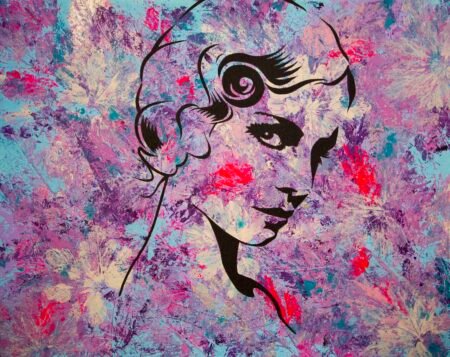 Art piece with blue, pink background, white, silver & fluor leaves and the image of a woman.