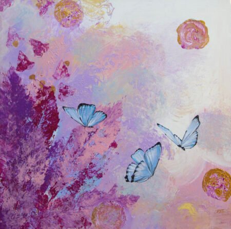 Art piece with pastel violet background, pink, purple and golden leaves and three butterflies.