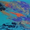 Abstract, organic art piece. Turqoise green, Prussian blue, gold.