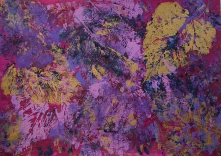 Abstract, organic art piece. Gold, ruby red, cyclamen pink, blue grey.