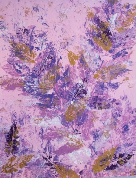 Abstract, organic art piece. White, gold, light pink, dark purple.