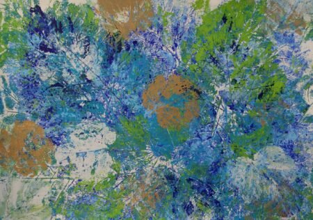 Abstract, organic art piece. Dark gold, Naples white, blue, green.