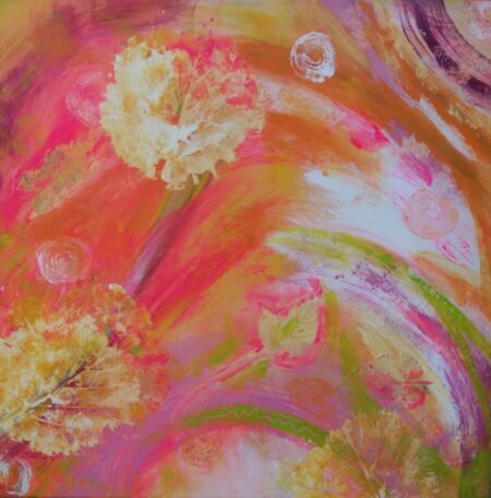 Abstract, organic art piece. Orange, pink, green, gold.