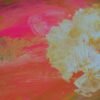 Abstract, organic art piece. Orange, pink, green, gold.